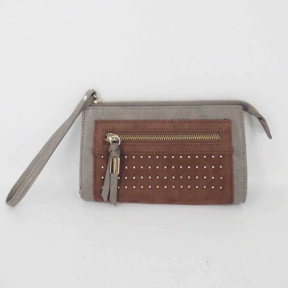 Big Buddha Wristlet Handbag Women Brown Gray Faux Leather Studs Pouch Purse Bag